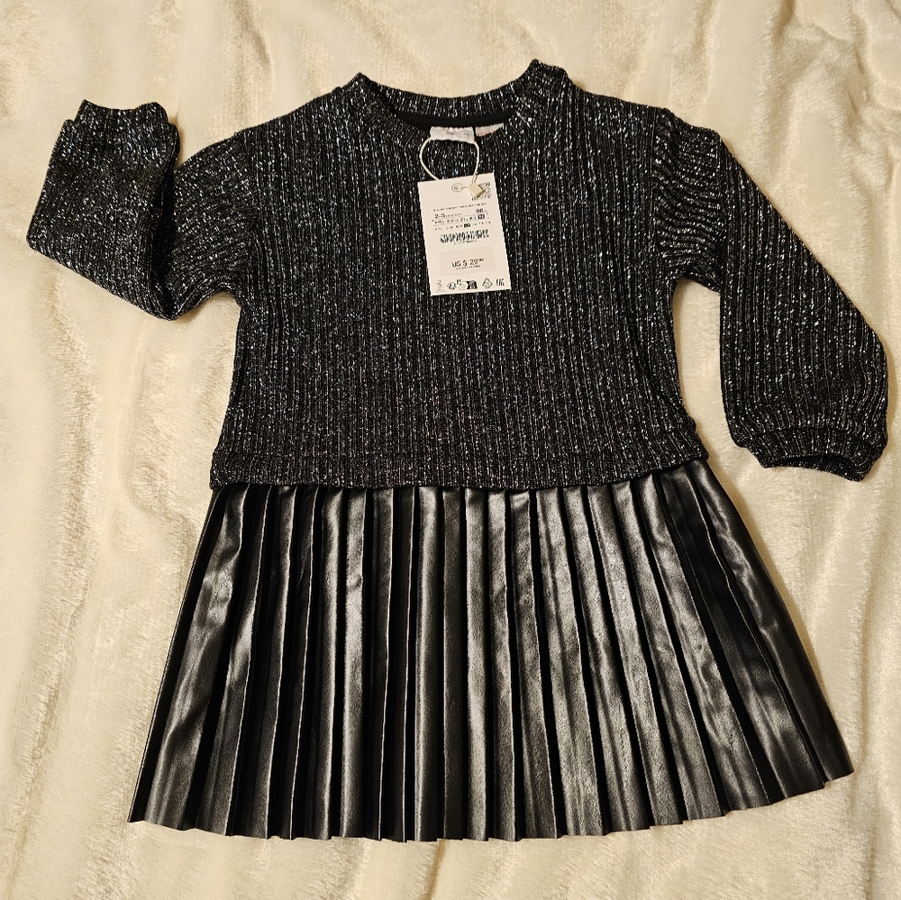 Zara Vegan Leather Pleated Holiday Sweater Dress Toddler Girls Baby NWT 2-3 YRS